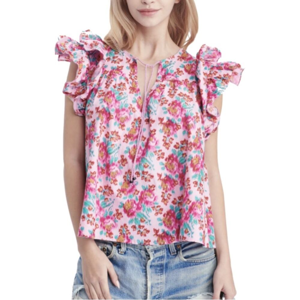 Love the Label Reina Ruffle Sleeve Pink Floral Blouse SMALL in Khaleesi Raspbery